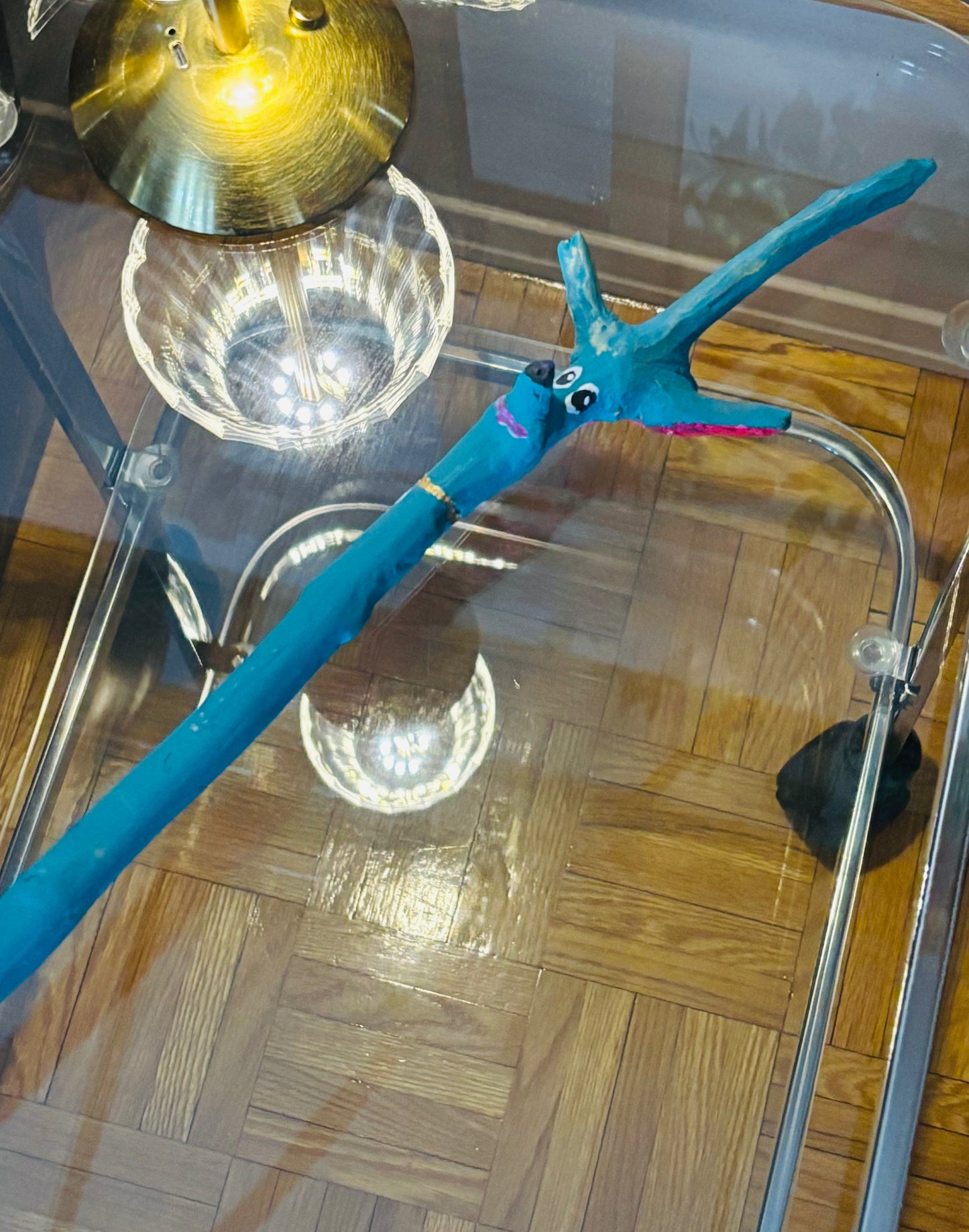 Double Deer Woodland Stick – 33” Hand-Carved Red & Teal Walking Stick 🦌🌲