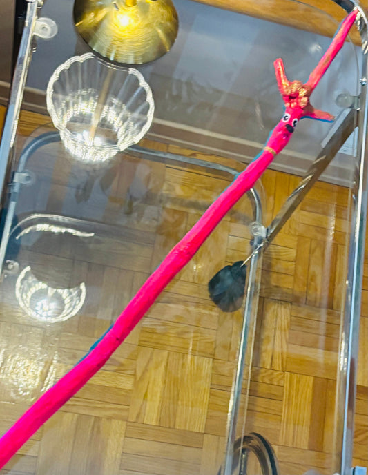 Double Deer Woodland Stick – 33” Hand-Carved Red & Teal Walking Stick 🦌🌲