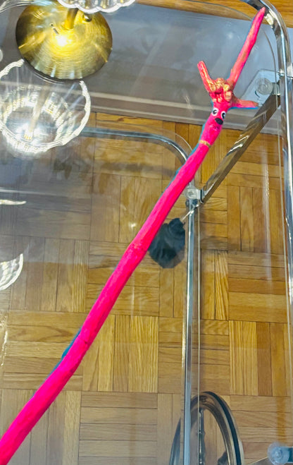 Double Deer Woodland Stick – 33” Hand-Carved Red & Teal Walking Stick 🦌🌲