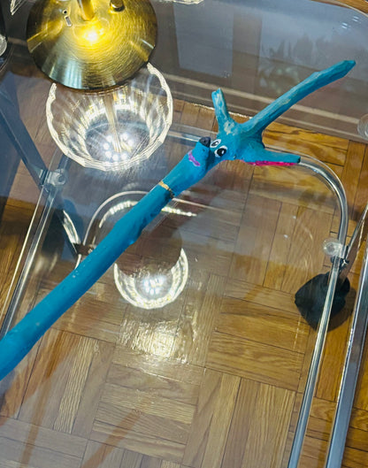 Double Deer Woodland Stick – 33” Hand-Carved Red & Teal Walking Stick 🦌🌲